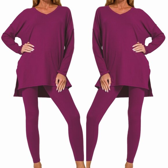 V‑Neck Long‑Sleeve Loungewear Leggings Set – Buttery Soft Brushed DTY Microfiber - Picture 1 of 6